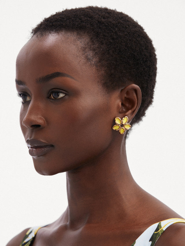 Yellow Enamel O Flower Earrings Front View