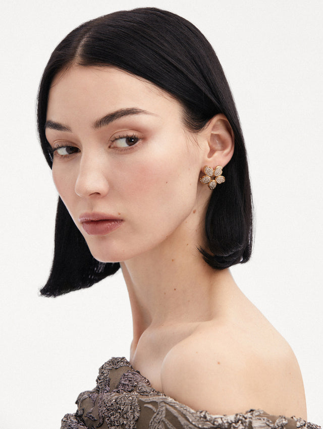 Crystal O Flower Gold Earrings Front View