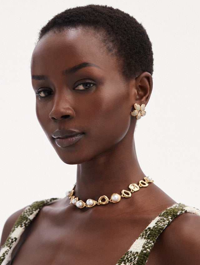 Crystal O Flower Gold Earrings Front View