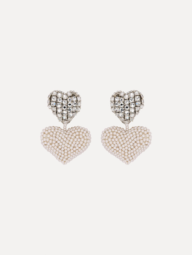 Earrings with crystal-encrusted heart anchors which drop to a second heart beaded in lustrous pearls. 