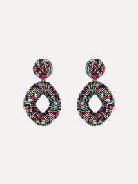 Hand-beaded earrings feature jet-black bugle beads in a bold, open-loop silhouette. 