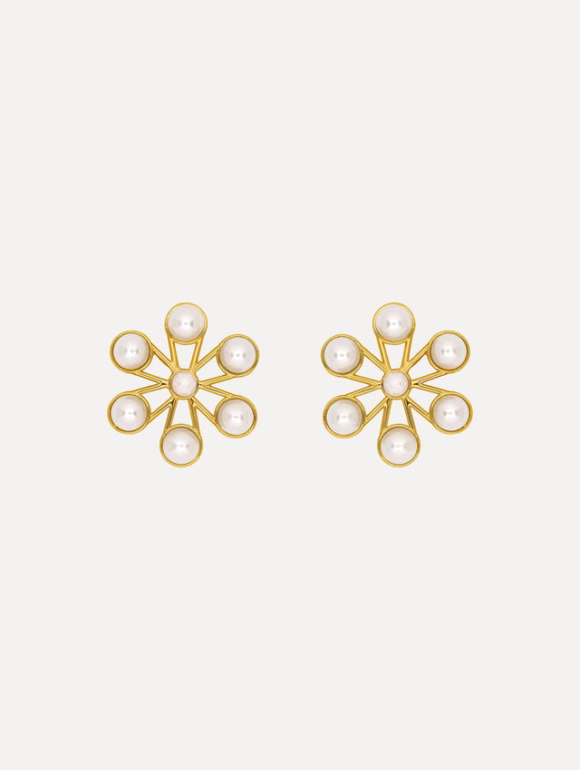 Earrings that reimagine a flower from a central pearl, each petal is framed in polished gold and set with descending faux pearls. 