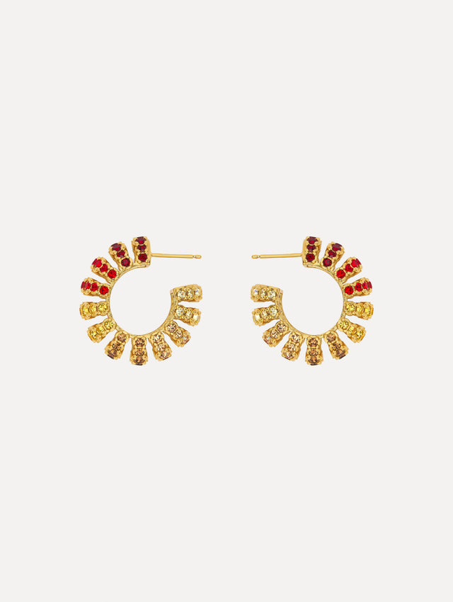 Side view of hoop earrings featuring arched rows of faceted crystals in a polished gold-tone setting. 
