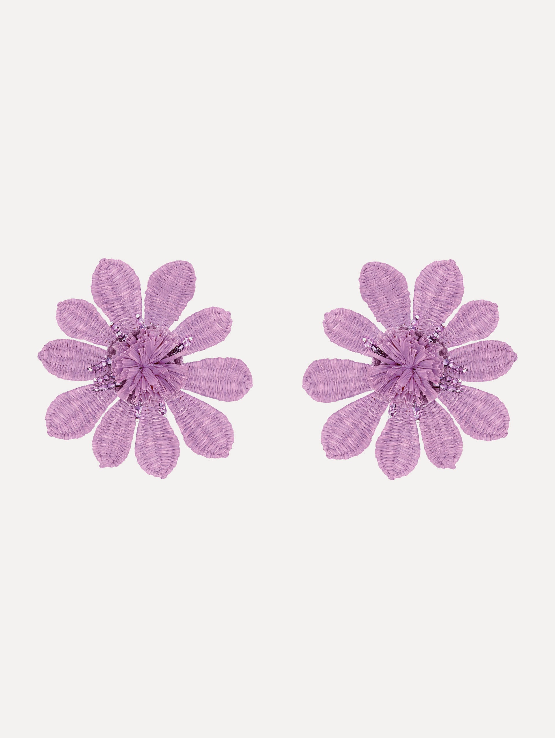 The Woven Raffia Flower Clip-On Earrings in Lilac.