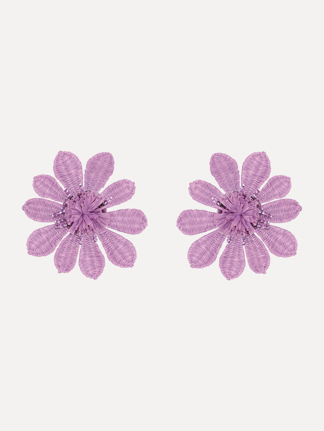 The Woven Raffia Flower Clip-On Earrings in Lilac.
