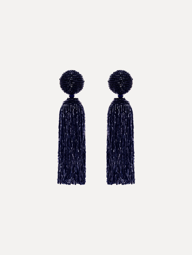 The Metallic Beaded Tassel Clip-On Earrings in Navy. 