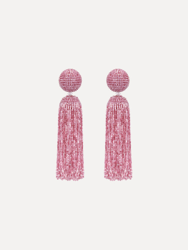 The Metallic Beaded Tassel Clip-On Earrings in Pink.