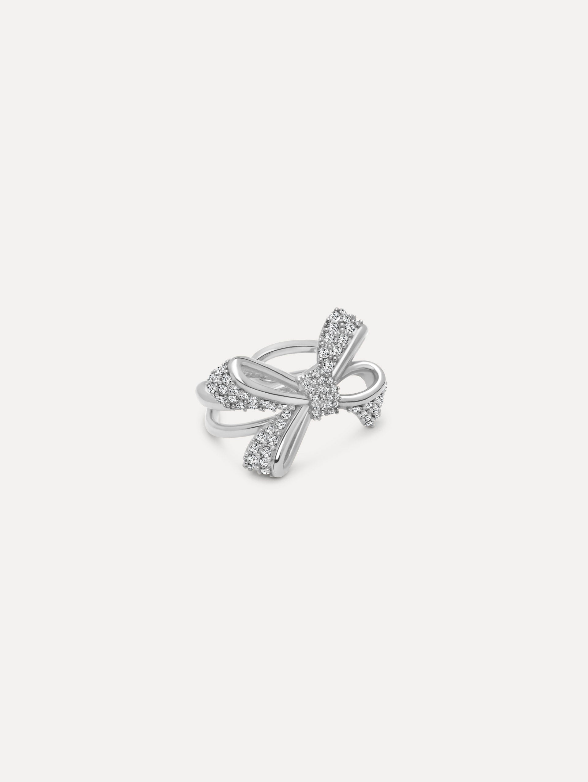 The Crystal Pavé Bow Ring in Silver. Side view.