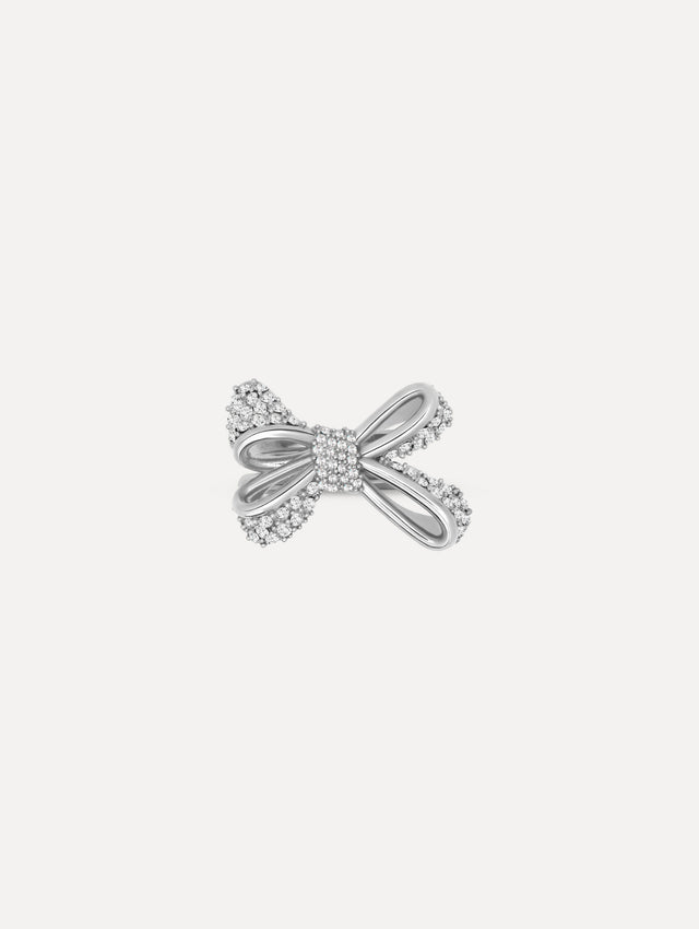 The Crystal Pavé Bow Ring in Silver. Front view.