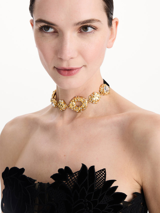 The Hammered Stone Velvet Necklace in Crystal. Front view.