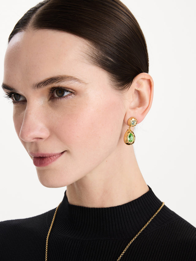 The Scramble Drop Earrings in Peridot. Front view.