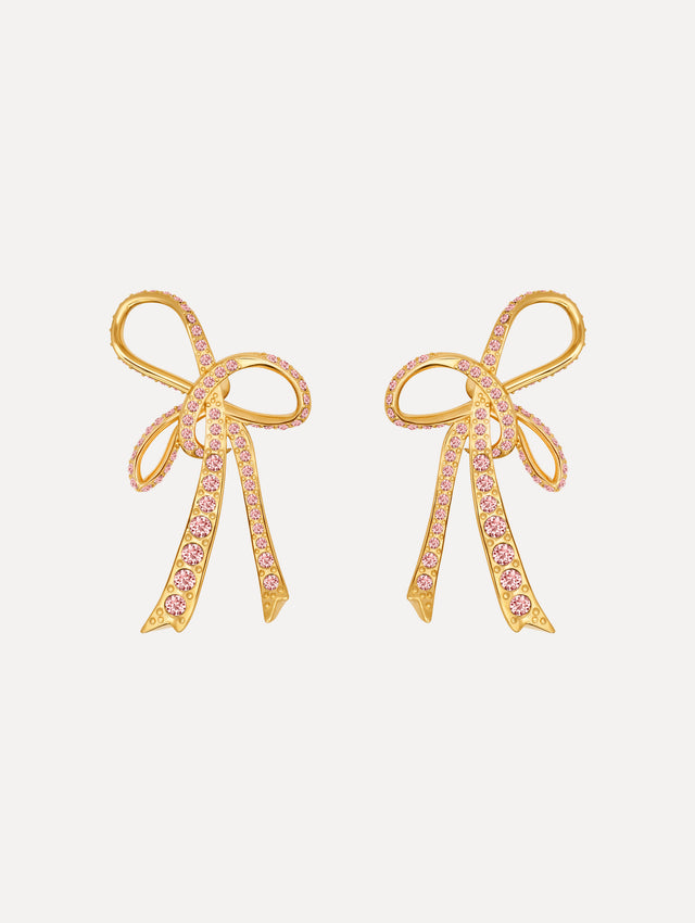 The Crystal Pavé Threaded Bow Clip-On Earrings in Rose.