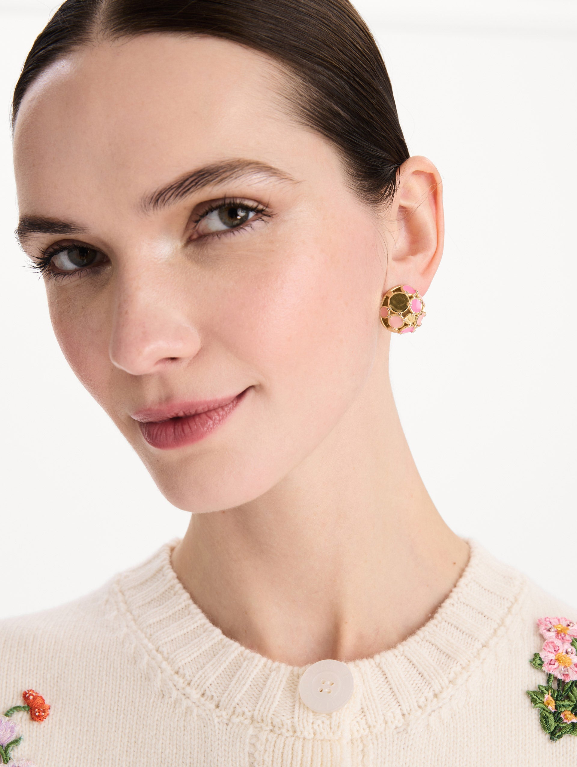The Geometric Sphere Earrings in Pink. Front view.