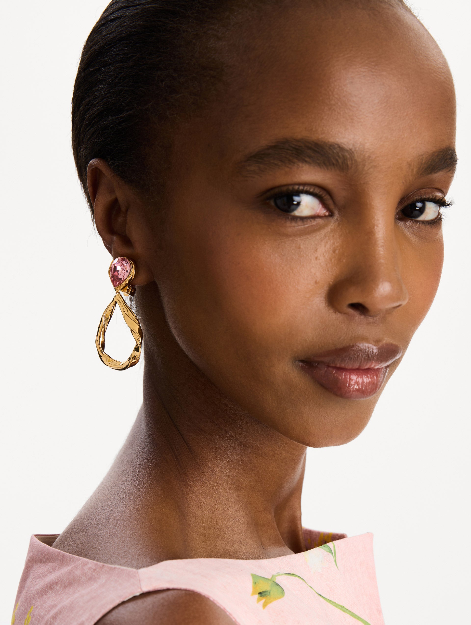 The Loop Drop Clip-On Earrings in Rose. Front view.  