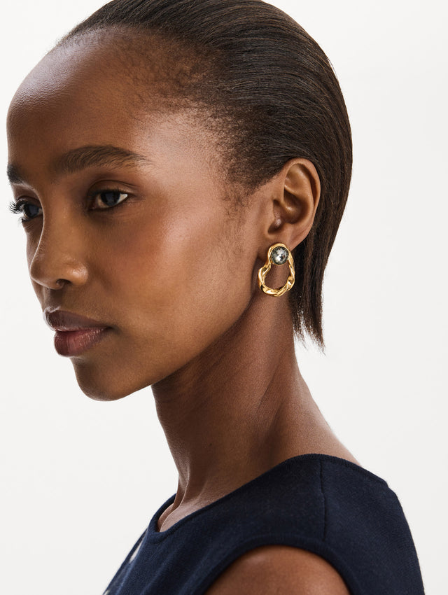 The Hammered Loop Stone Earrings in Black Diamond. Front view.