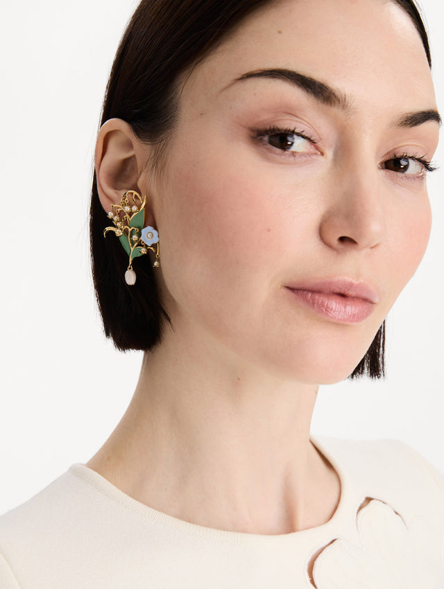 The Lily of the Valley Clip-On Earrings in Ivory. Front view.
