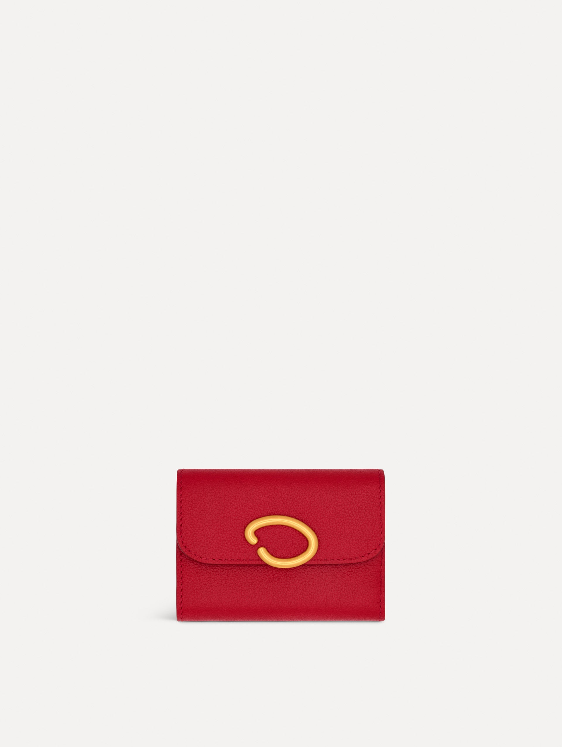 Red Tri-Fold Wallet featuring a gold O motif clasp. Front View.