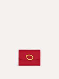 Red Tri-Fold Wallet featuring a gold O motif clasp. Front View.