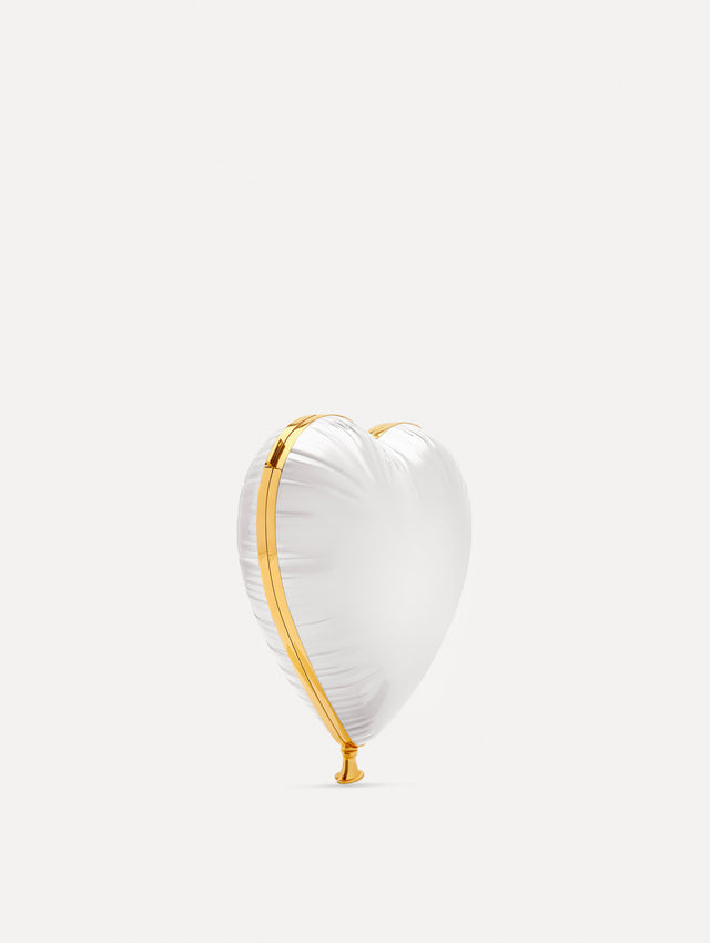 Pearl Heart Ballon Bag featuring a gold chain strap and metallic trim. Side View.