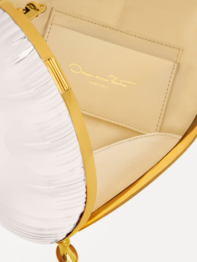 Pearl Heart Ballon Bag featuring a gold chain strap and metallic trim. Zoom View.