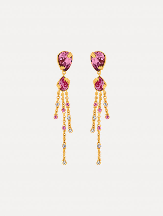 Pink and Purple Pear-Cut Chandelier Earrings with cascading gold chains. Front View. 