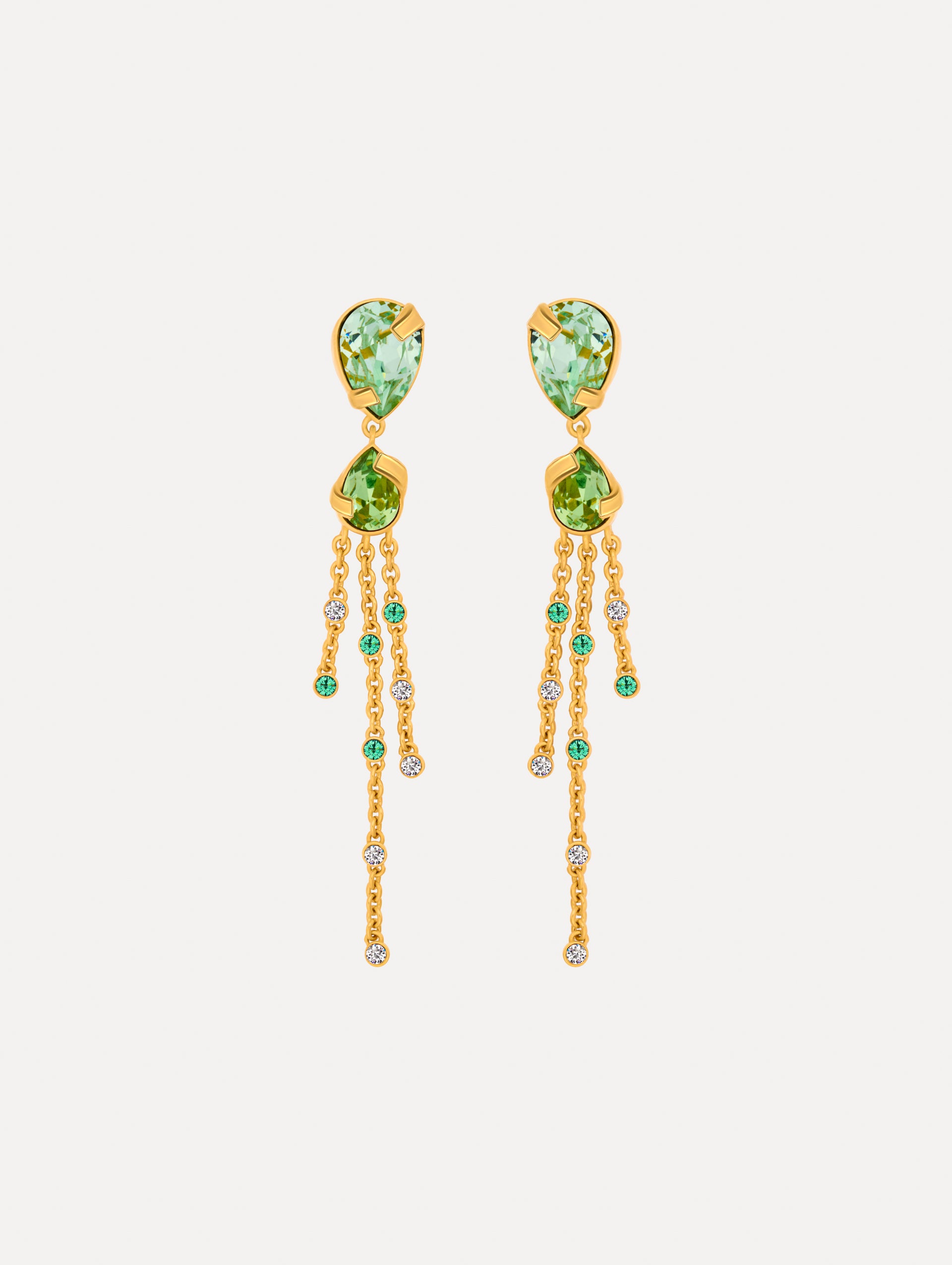 Green Pear-Cut Chandelier Earrings with teardrop crystals and gold chains cascading. Front View. 