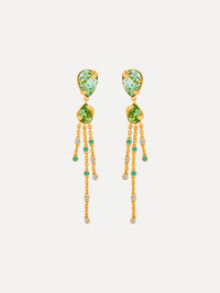 Green Pear-Cut Chandelier Earrings with teardrop crystals and gold chains cascading. Front View. 