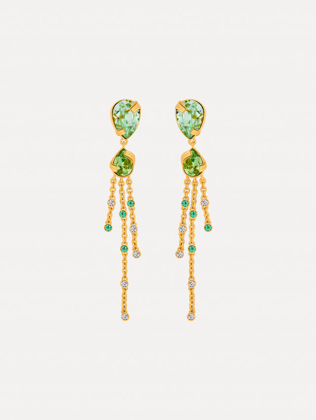 Green Pear-Cut Chandelier Earrings with teardrop crystals and gold chains cascading. Front View. 