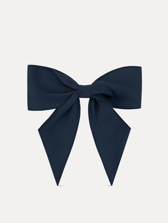 Navy ODLR x @SimonSits Dog Bow featuring an oversized shape and long pointed tails. Front View.