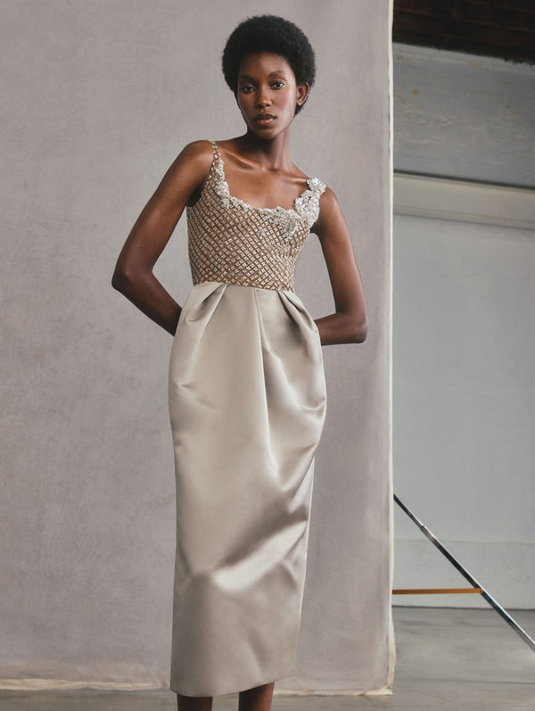 The model is wearing a silver gown with crystal embroidery at the bodice and a satin pencil skirt.