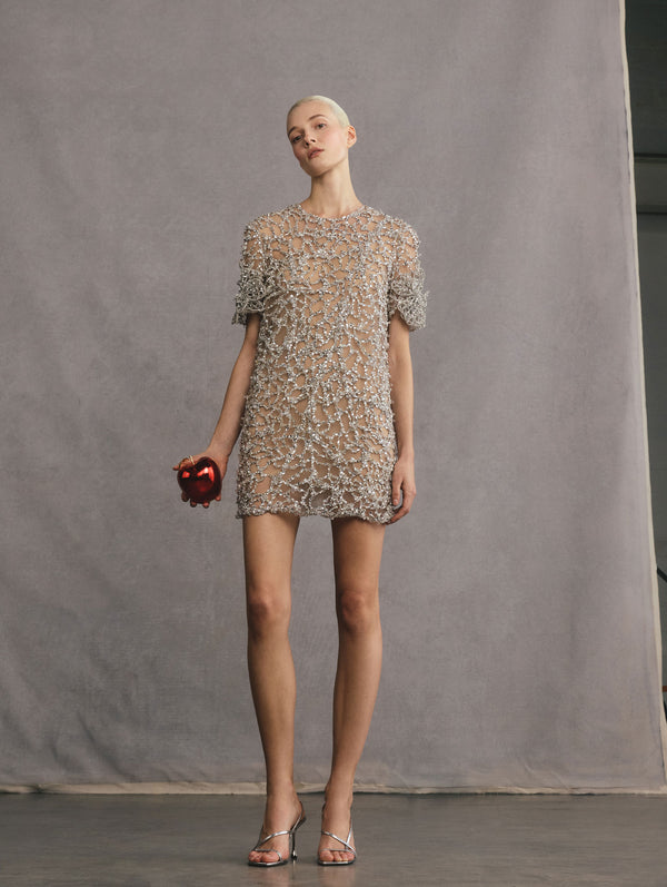 The model is wearing a nude and silver crystal embroidered short sleeve cocktail dress and is holding a metallic red apple-shaped clutch.