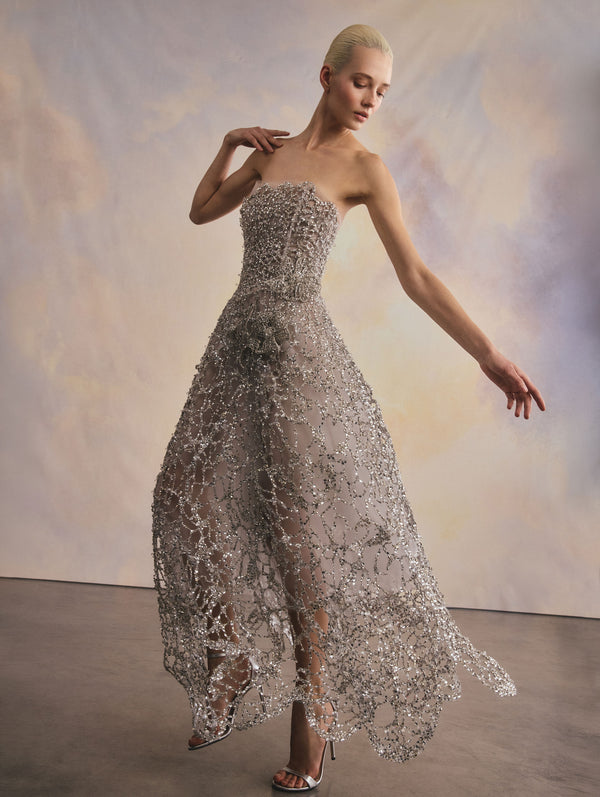 The model is wearing a sheer tulle strapless gown with silver rhinestone embroidery.