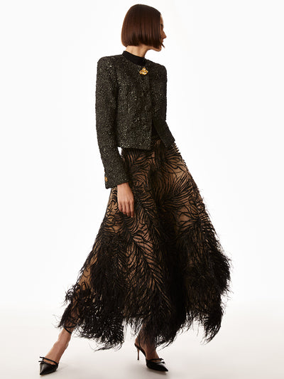 Model is wearing a black jacket with gold clasp and a dress with black feather detailing. 