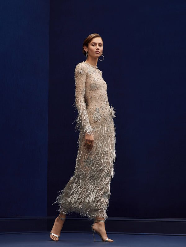 oscar de la renta fringed crepe midi dress Fringed Crepe Midi Dress By Oscar De La Renta