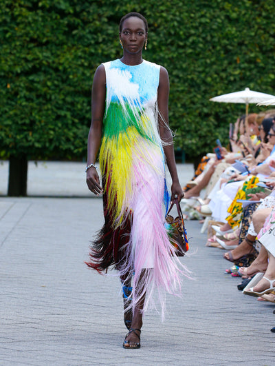 The model is wearing a sleeveless multicolored fringe cocktail dress. 