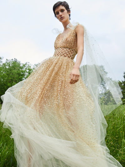 A model wears a gold and silver tulle gown with crystal detail