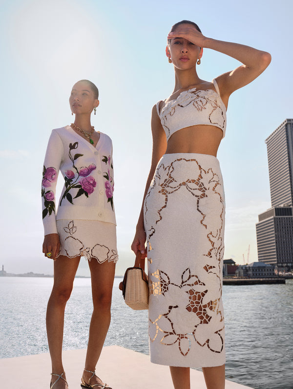 oscar de la renta rose-embroidered crochet-knit midi dress Oscar de la Renta Rose Crochet Knit Sleeveless Midi Dress
