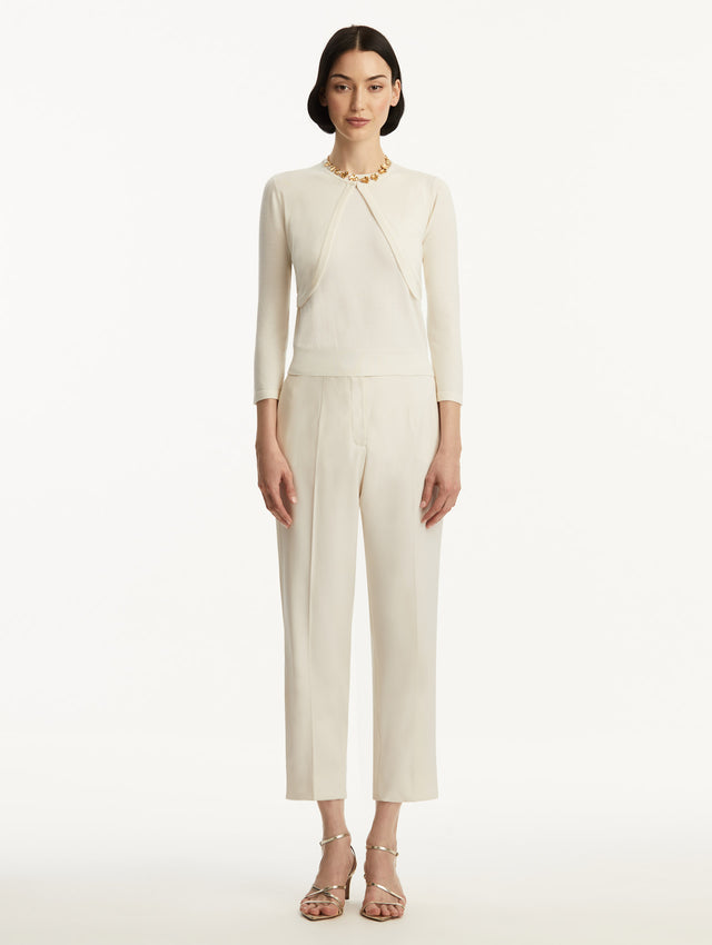 Wool-Blend White Bolero Styled with White Pants  Front View