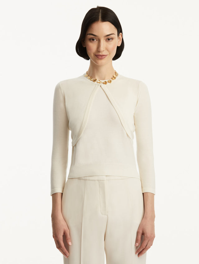 Wool-Blend White Bolero Styled with White Pants Front View