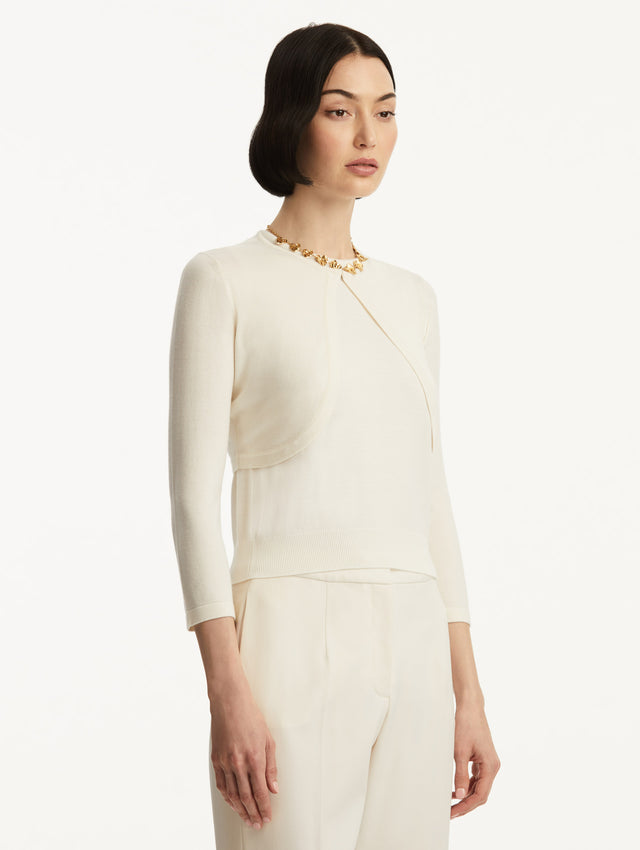 Wool-Blend White Bolero Styled with White Pants Side View