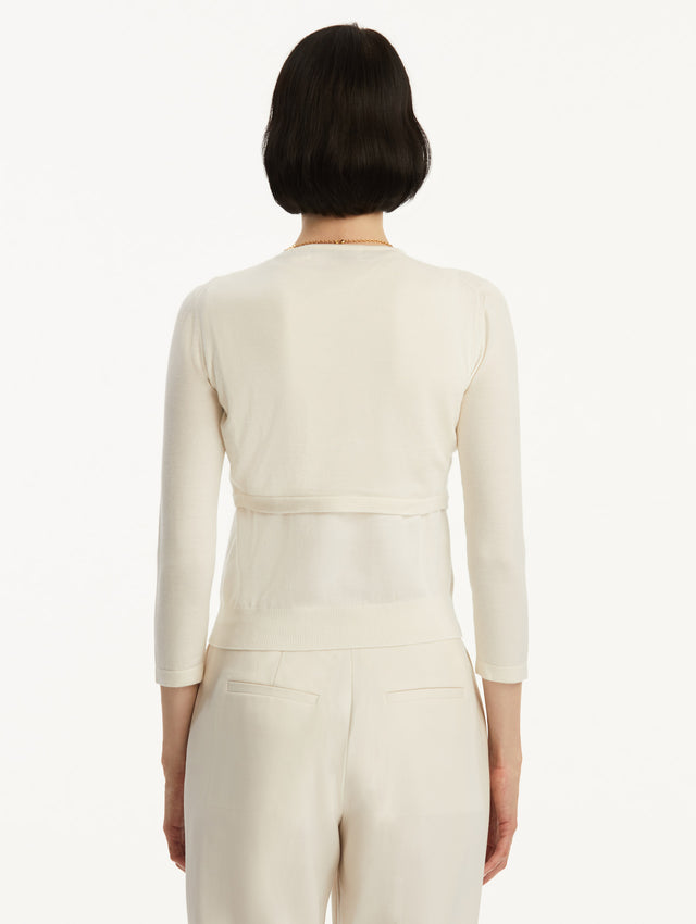 Wool-Blend White Bolero Styled with White Pants Back View