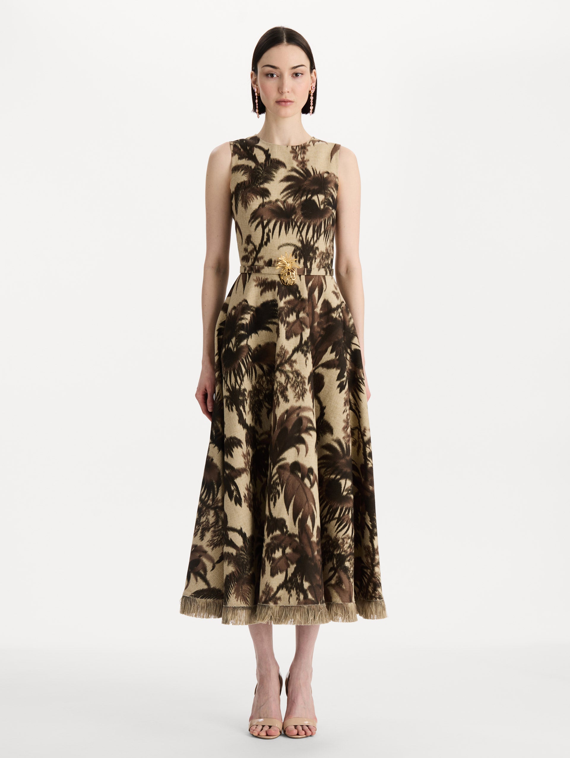Chiné Palm Leaves Dress in Espresso and Ivory. Front view.