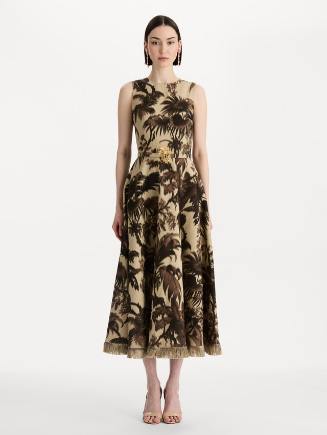 Chiné Palm Leaves Dress in Espresso and Ivory. Front view.