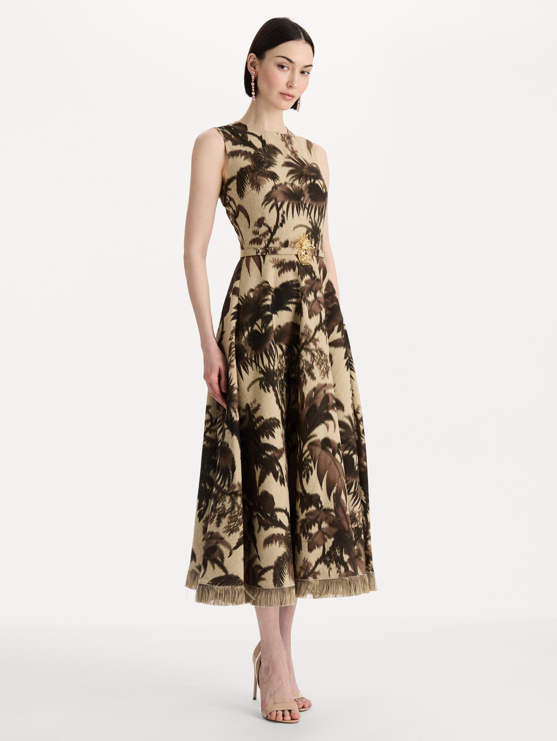 Chiné Palm Leaves Dress in Espresso and Ivory. Side view.