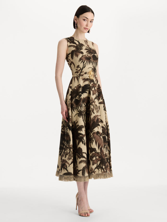 Chiné Palm Leaves Dress in Espresso and Ivory. Side view.