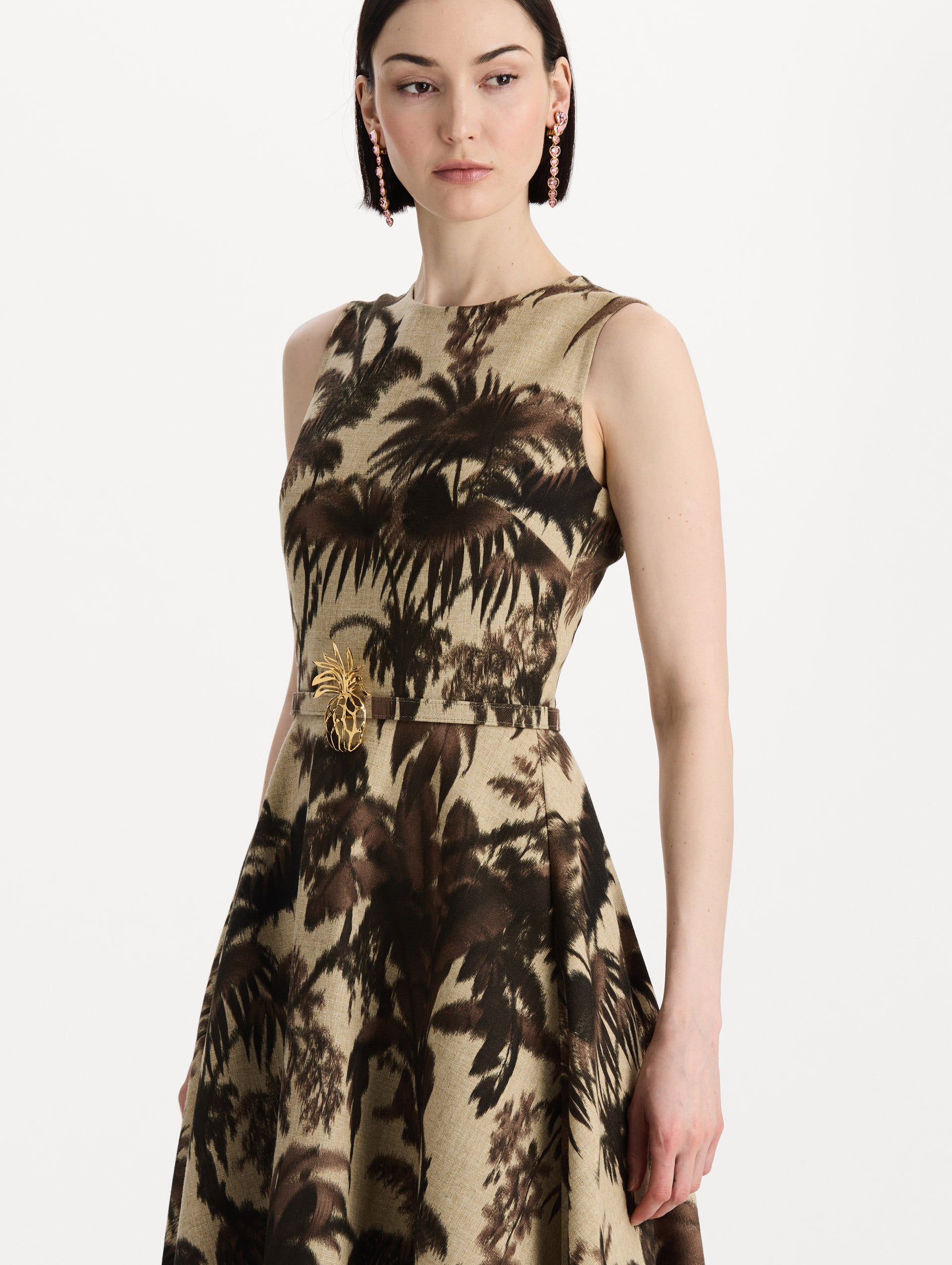 Chiné Palm Leaves Dress in Espresso and Ivory. Zoom view.