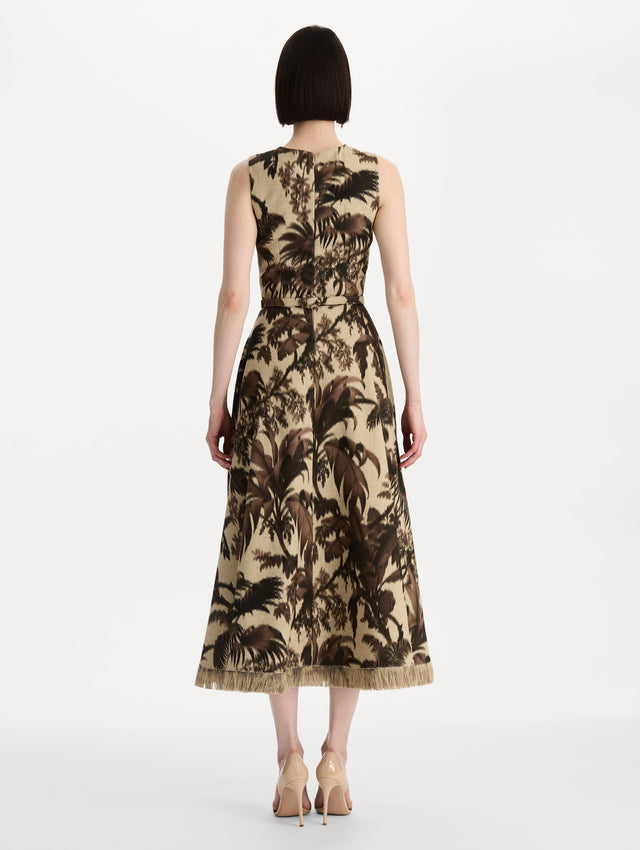 Chiné Palm Leaves Dress in Espresso and Ivory. Back view.
