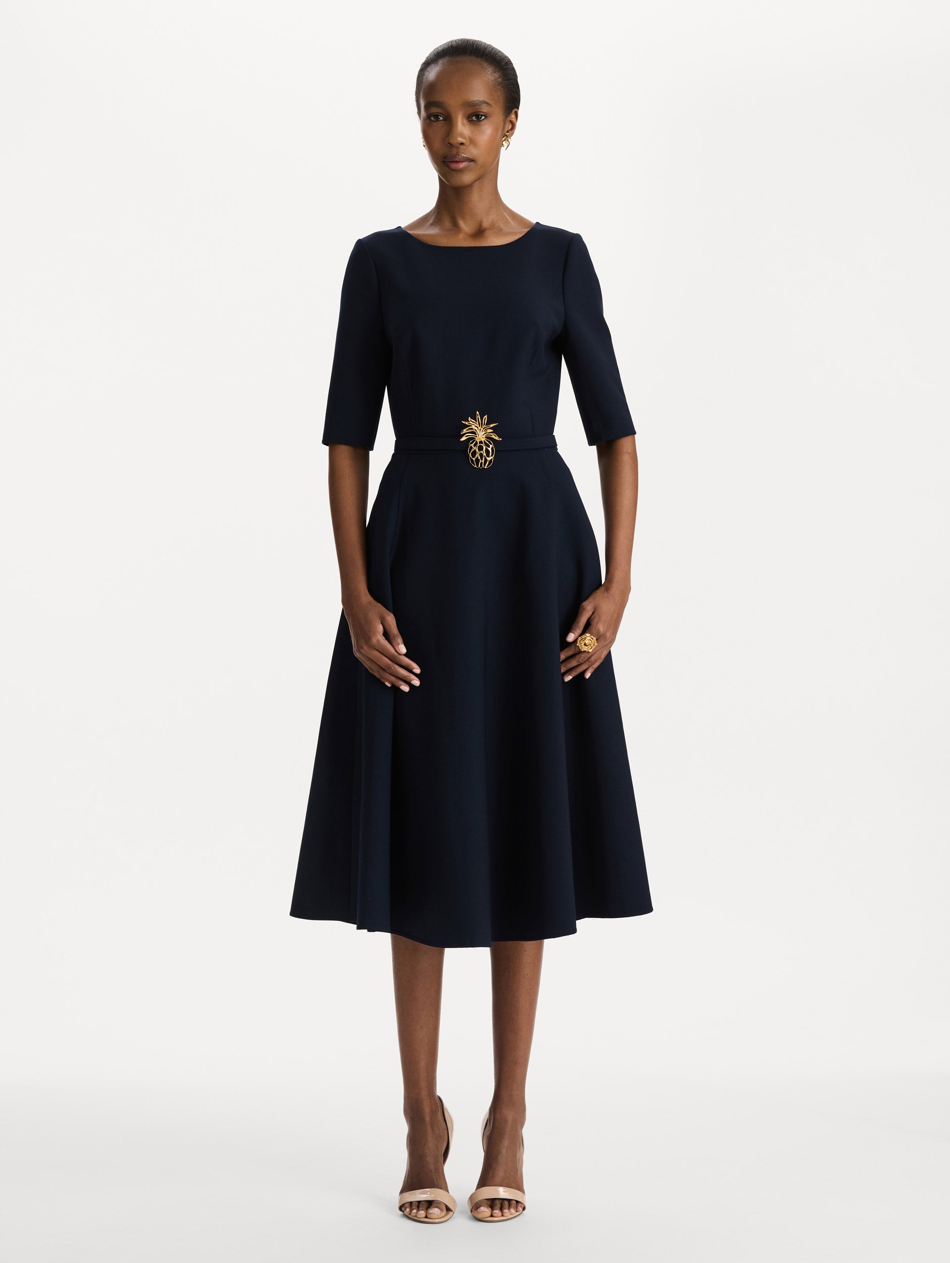 Pineapple Belt Wool Dress in Navy. Front View.
