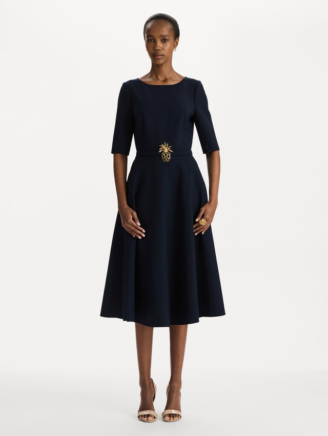 Pineapple Belt Wool Dress in Navy. Front View.