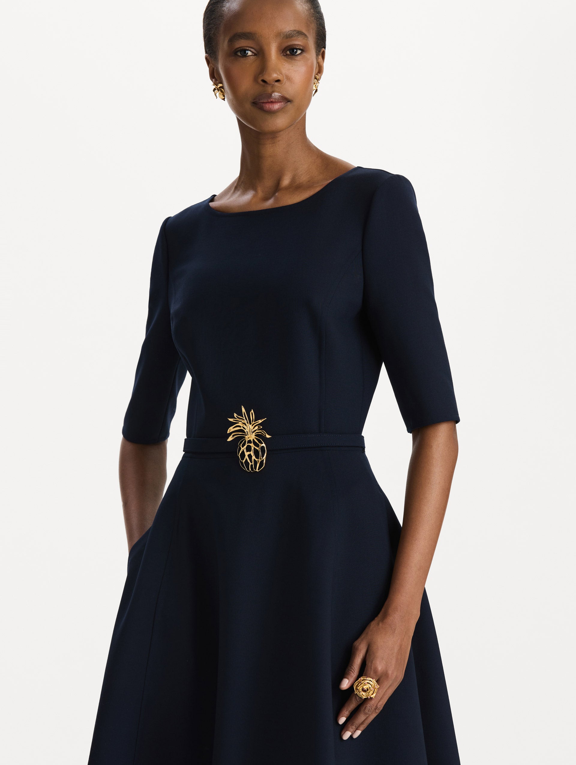 Pineapple Belt Wool Dress in Navy. Zoom view.
